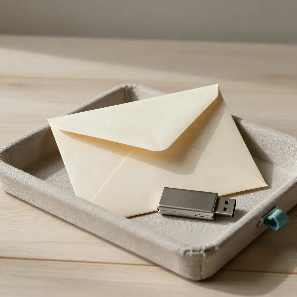 Sealed envelope, USB drive and paperweight in a linen tray on pale wood.