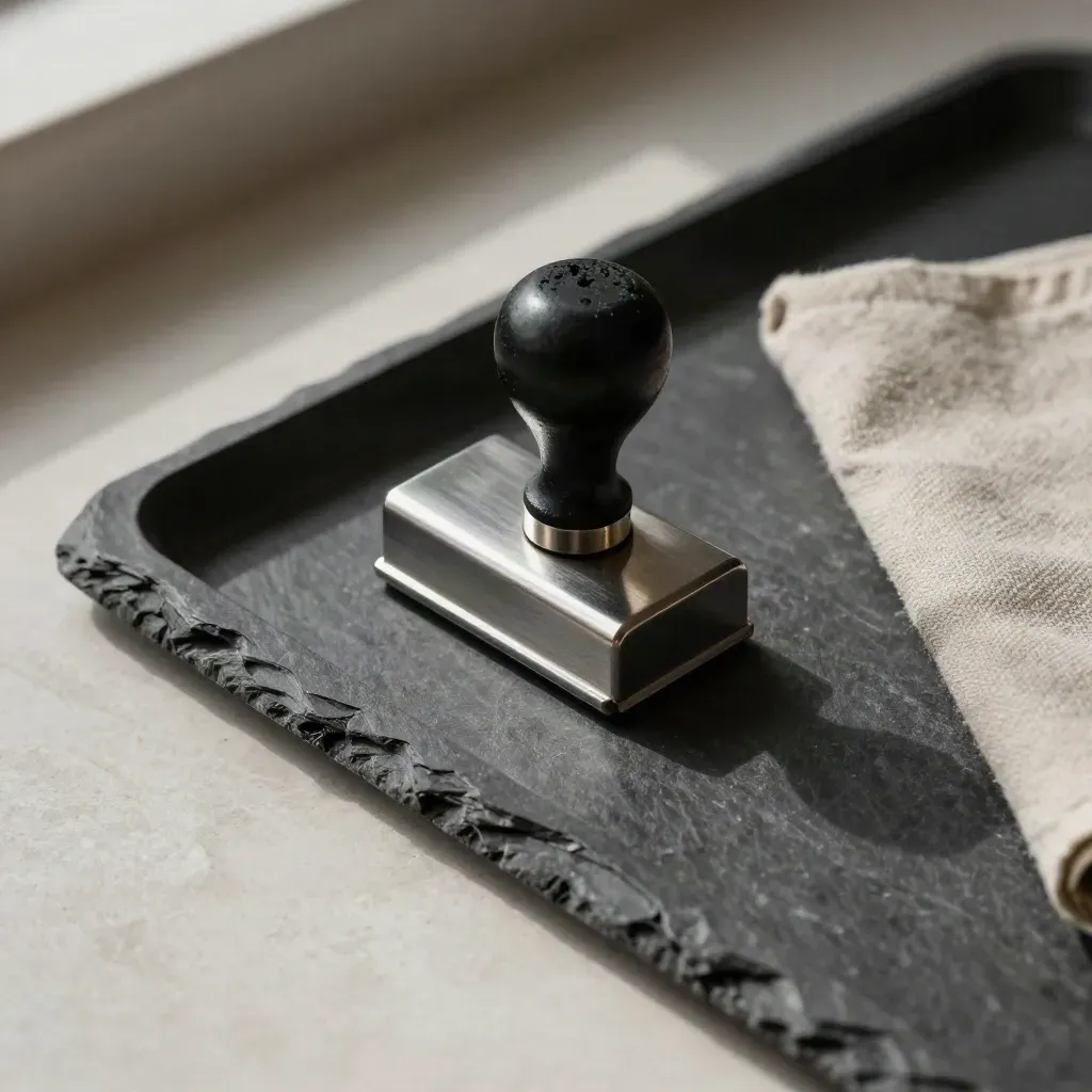 Top-down filing tray with binder, date stamp, archive clip and linen cloth.