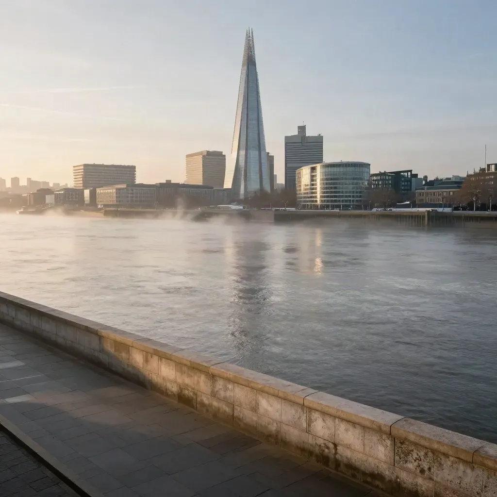 London skyline at dawn over the Thames, with the Shard in mist and calm river space below.