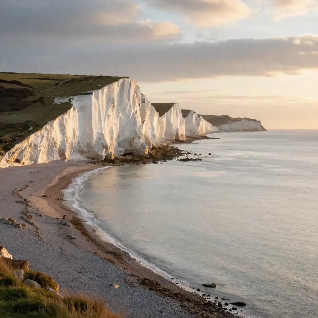 Golden chalk cliffs over a calm sea at dusk, with haze and open shoreline