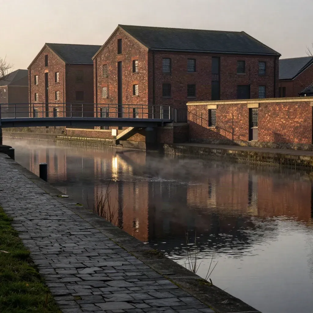 West Midlands canal basin at dusk with brick warehouses, a modern bridge and still water.