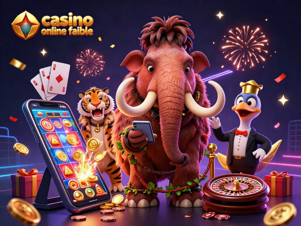 Ilustra la acción en un casino online fiable con un mamut y dos personajes en un ambiente festivo.
