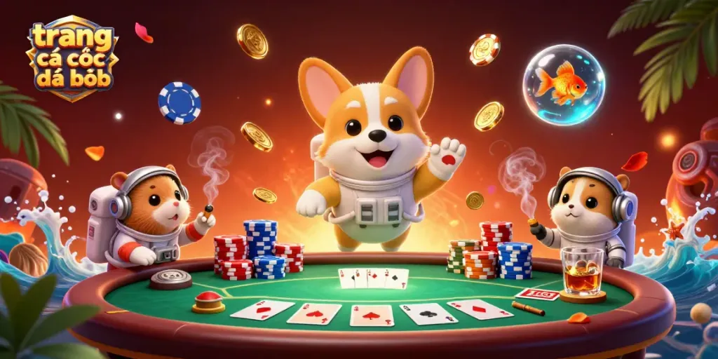 Trang cá cược đá bóng với hình ảnh vui nhộn của chú chó không gian và các quân bài poker