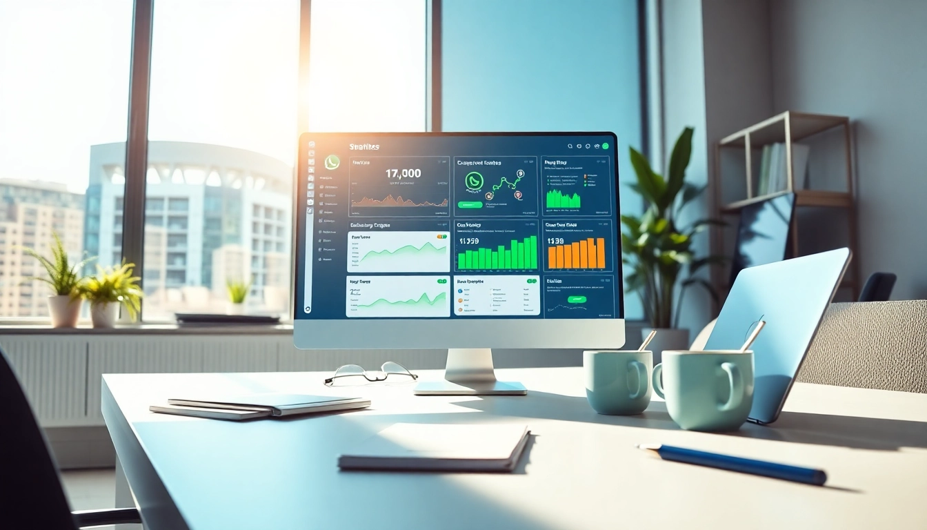 Visualizing the power of WhatsApp Smart CRM through a modern analytics dashboard in a bright office.