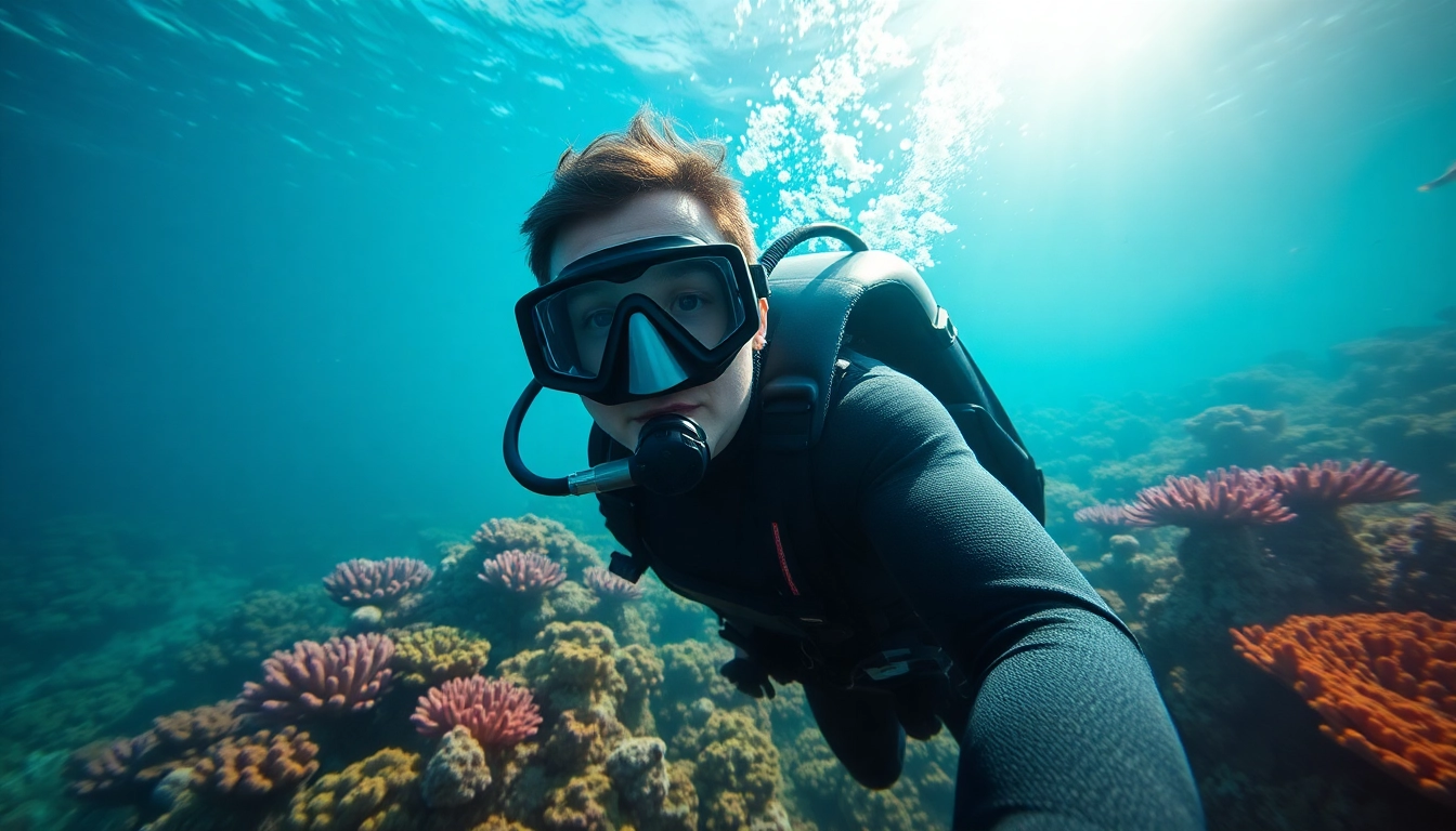 Tauchen in einer klaren Unterwasserwelt mit bunten Korallen und einem zentrierten Taucher.
