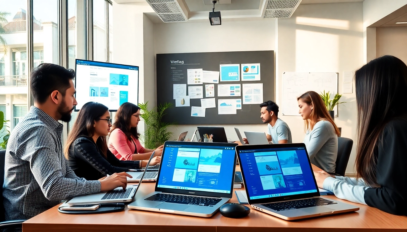 Professional setting of a công ty thiết kế website with team collaboration and digital displays.
