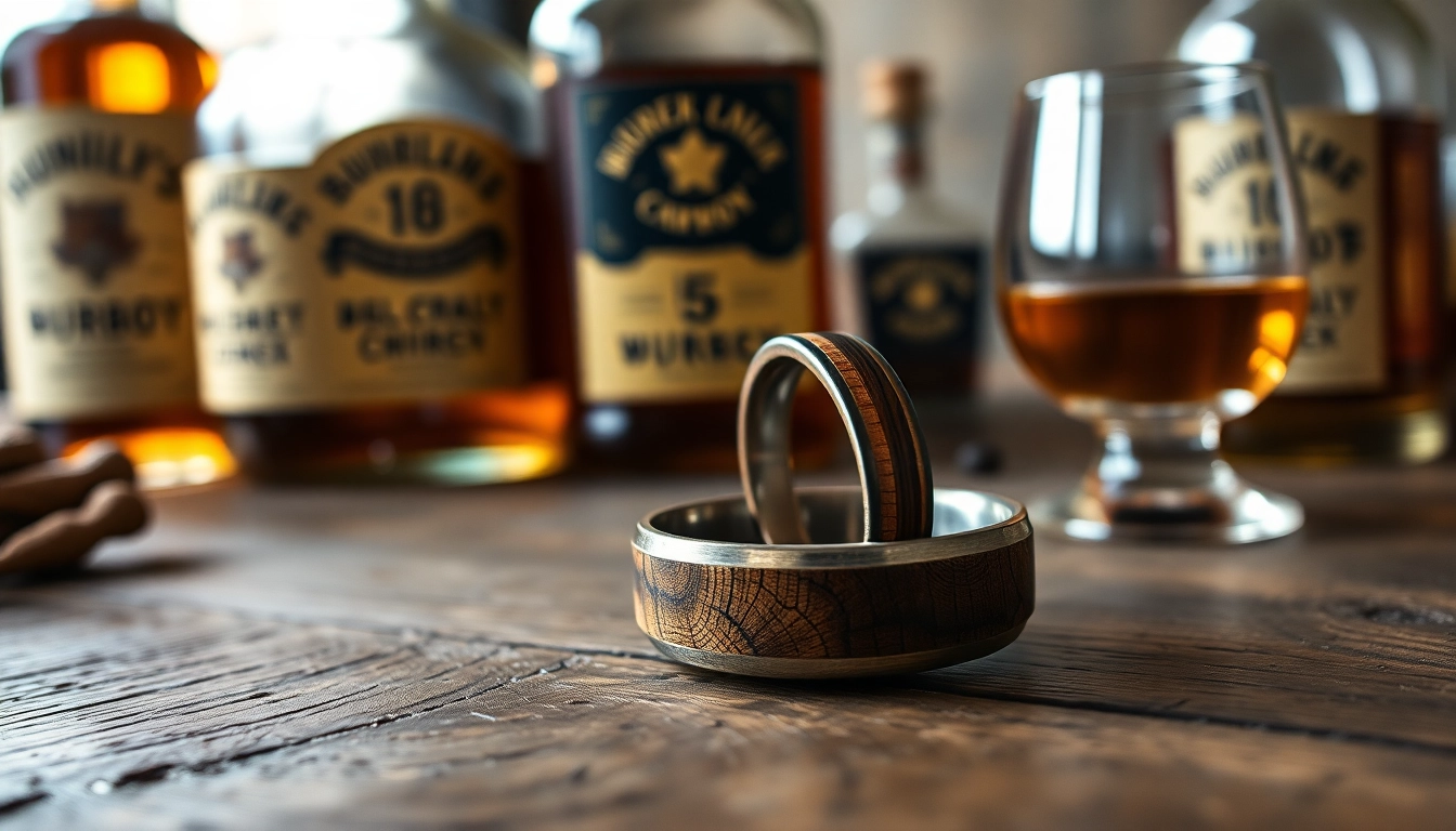 Showcasing a unique Whiskey Barrel Wedding Band on rustic wood, highlighting its craftsmanship.