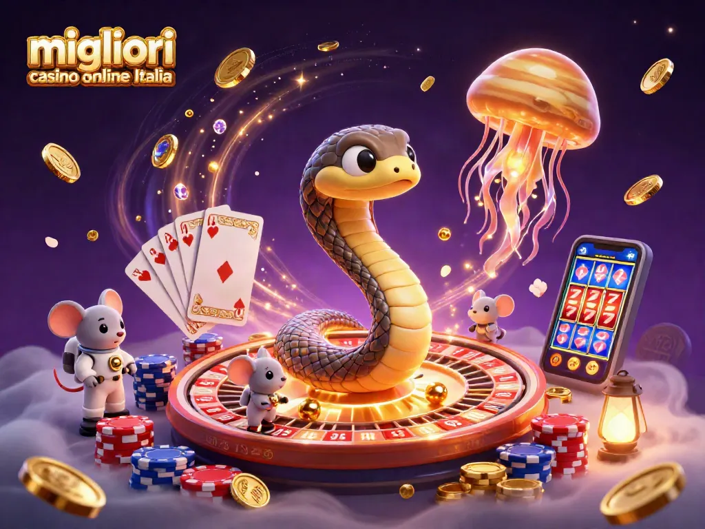I migliori casino online Italia mostrano un vibrante caos di gioco con serpenti e astronauti che scommettono