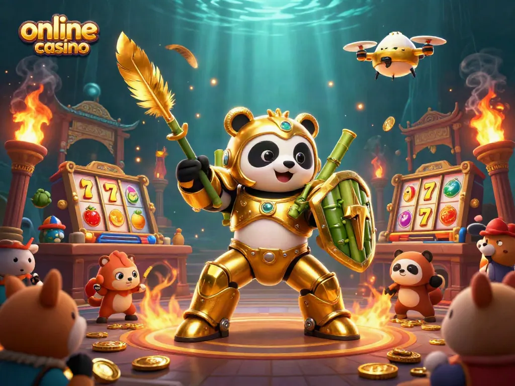 Juega en un emocionante casino en línea con el panda dorado y símbolos de suerte en acción.