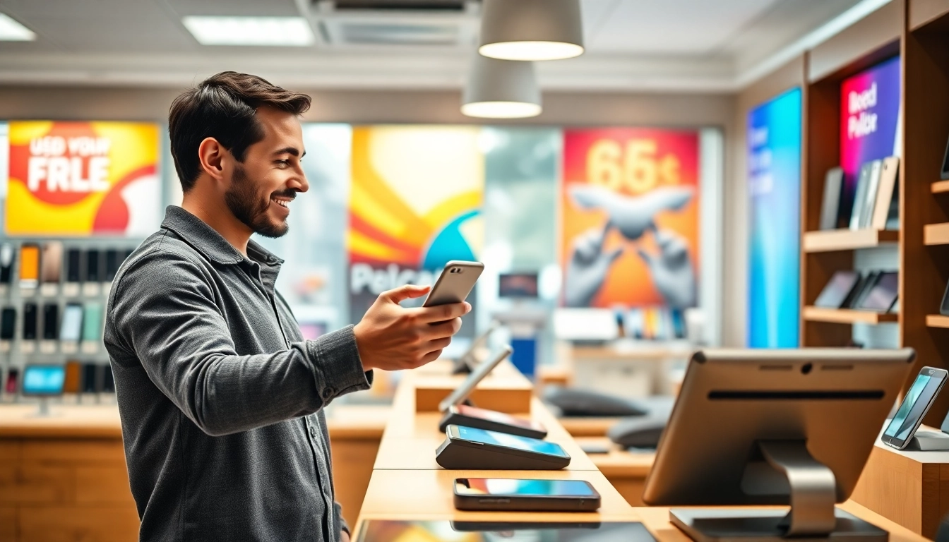 Engaging moment with a used phone buyer receiving a smartphone in a vibrant store.