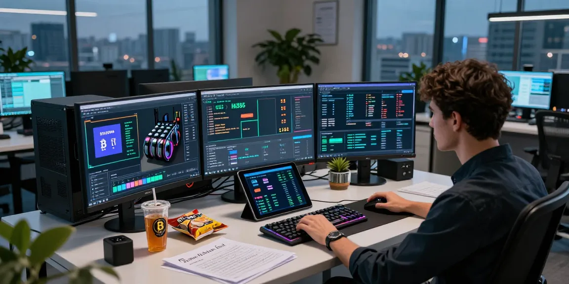 Bitcoin mining website workspace with advanced tech setup showcasing cryptocurrency profitability and security strategies in a modern office.