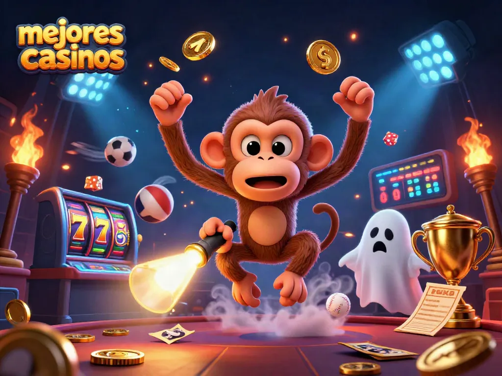 Los mejores casinos muestran un mono poltergeist y un cachorro cazador con emoción en un casino.