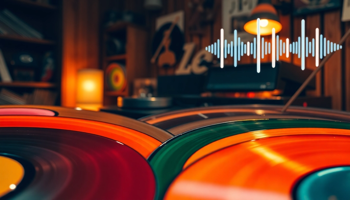 Vibrant vinyl records artfully arranged, spotlighting textures and colors in a cozy setting.