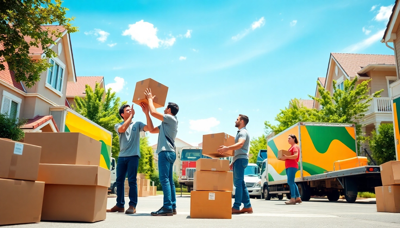 Moving companies in vinice team working efficiently in a bright urban setting with moving boxes.
