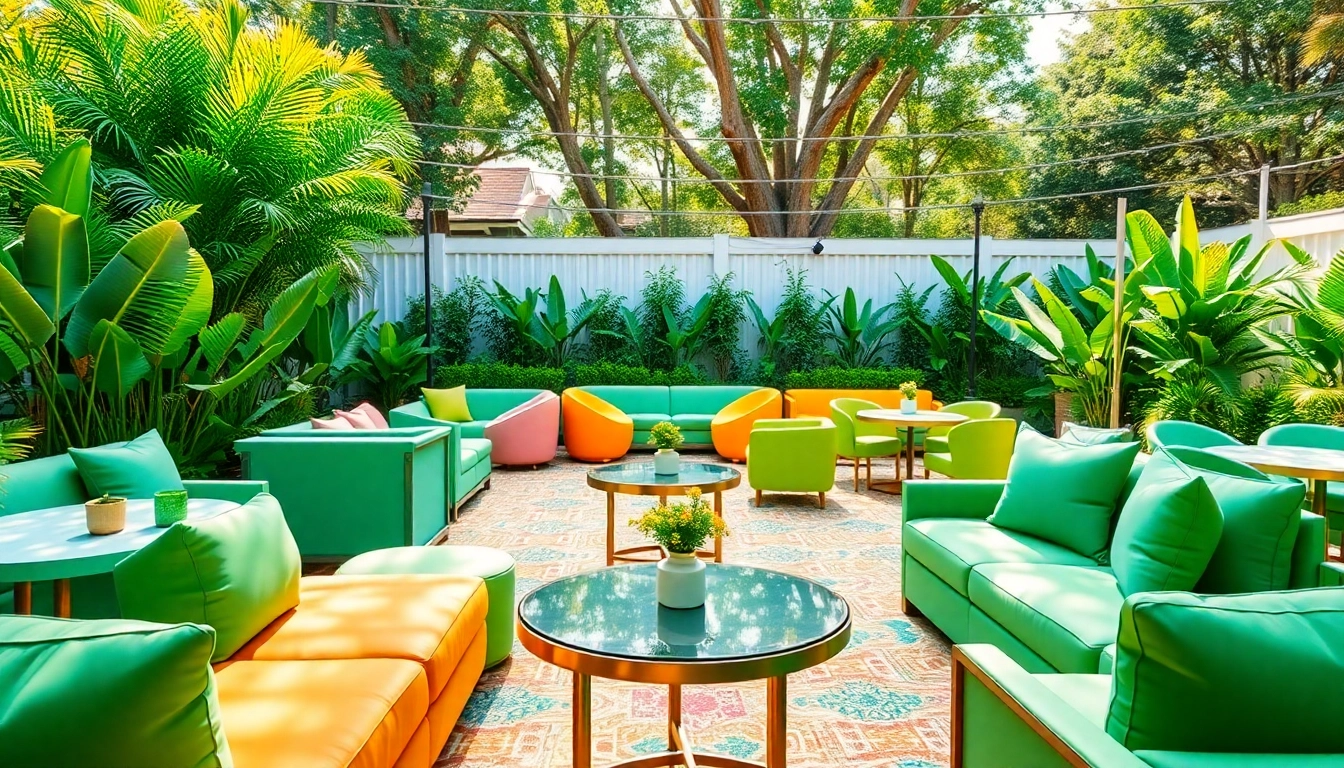 Stylish Event Furniture Rentals in a vibrant outdoor garden setup for elegant gatherings.