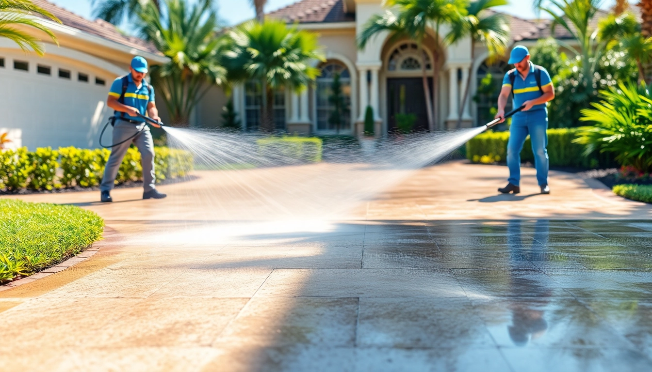 Pressure wash team revitalizing a driveway in Kissimmee, showcasing professional exterior cleaning.