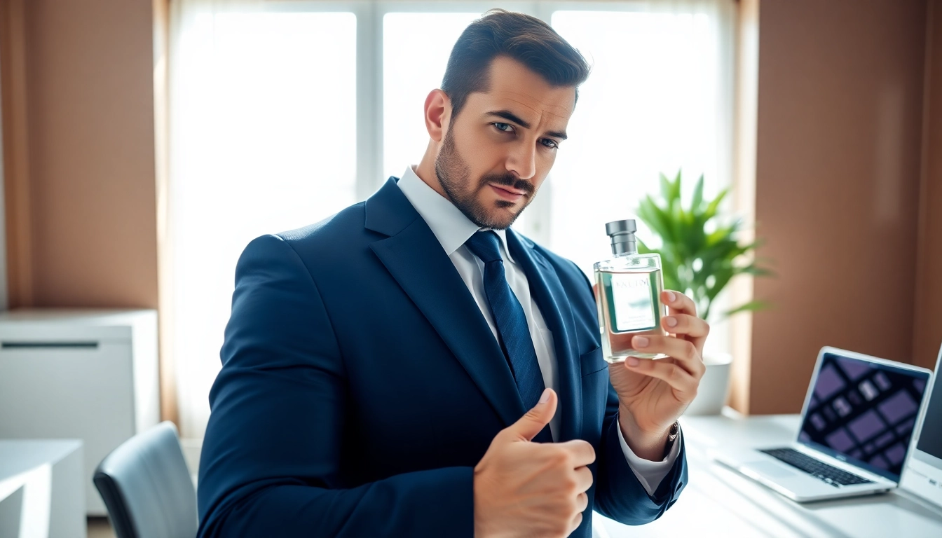 Should I wear cologne to work? Professional man applies cologne in an elegant office setting.