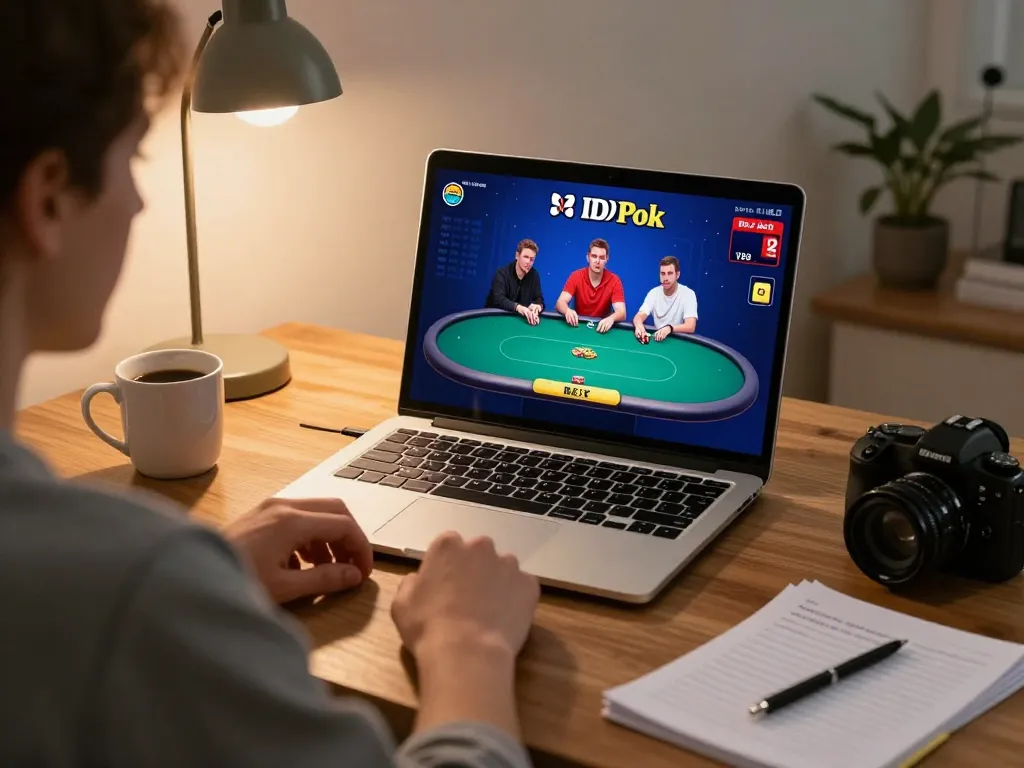 Pemain yang terlibat fokus pada permainan poker online IDN di laptop, meningkatkan keterampilan poker di rumah