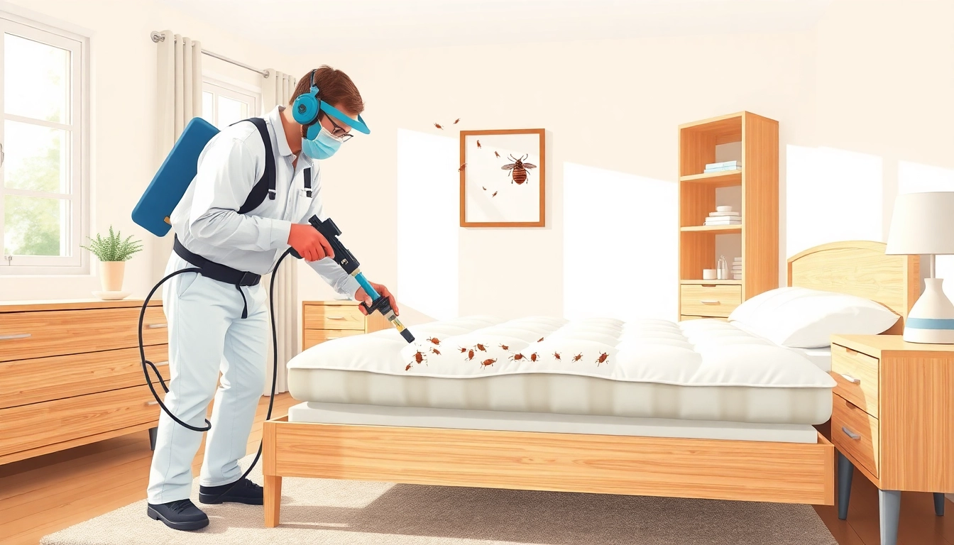 Professional bed bug pest control technician inspecting a mattress in a clean bedroom setting.