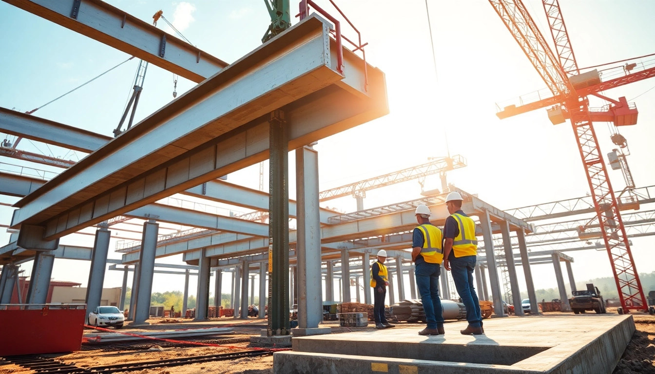 Workers performing structural steel construction on a construction site with cranes.