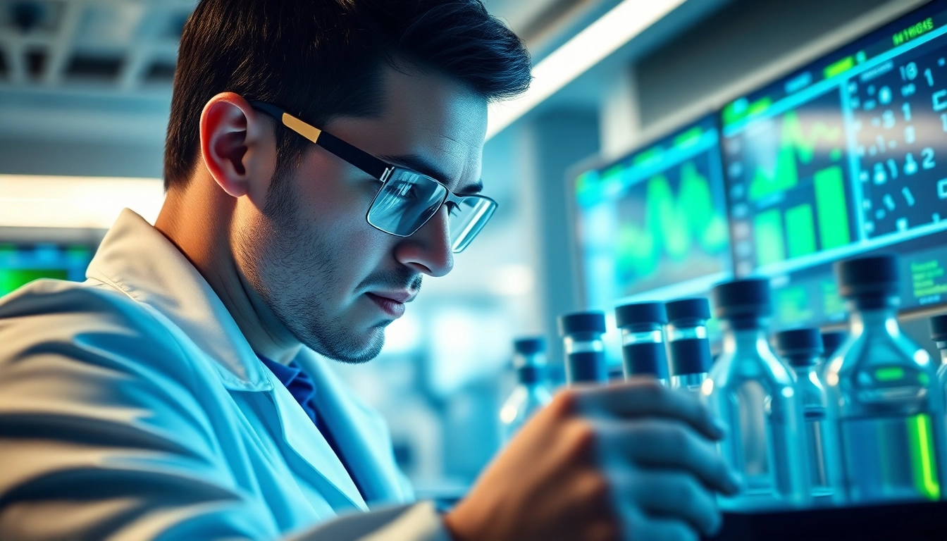 Scientist analyzing molecular structures related to Retatrutide in a modern laboratory.