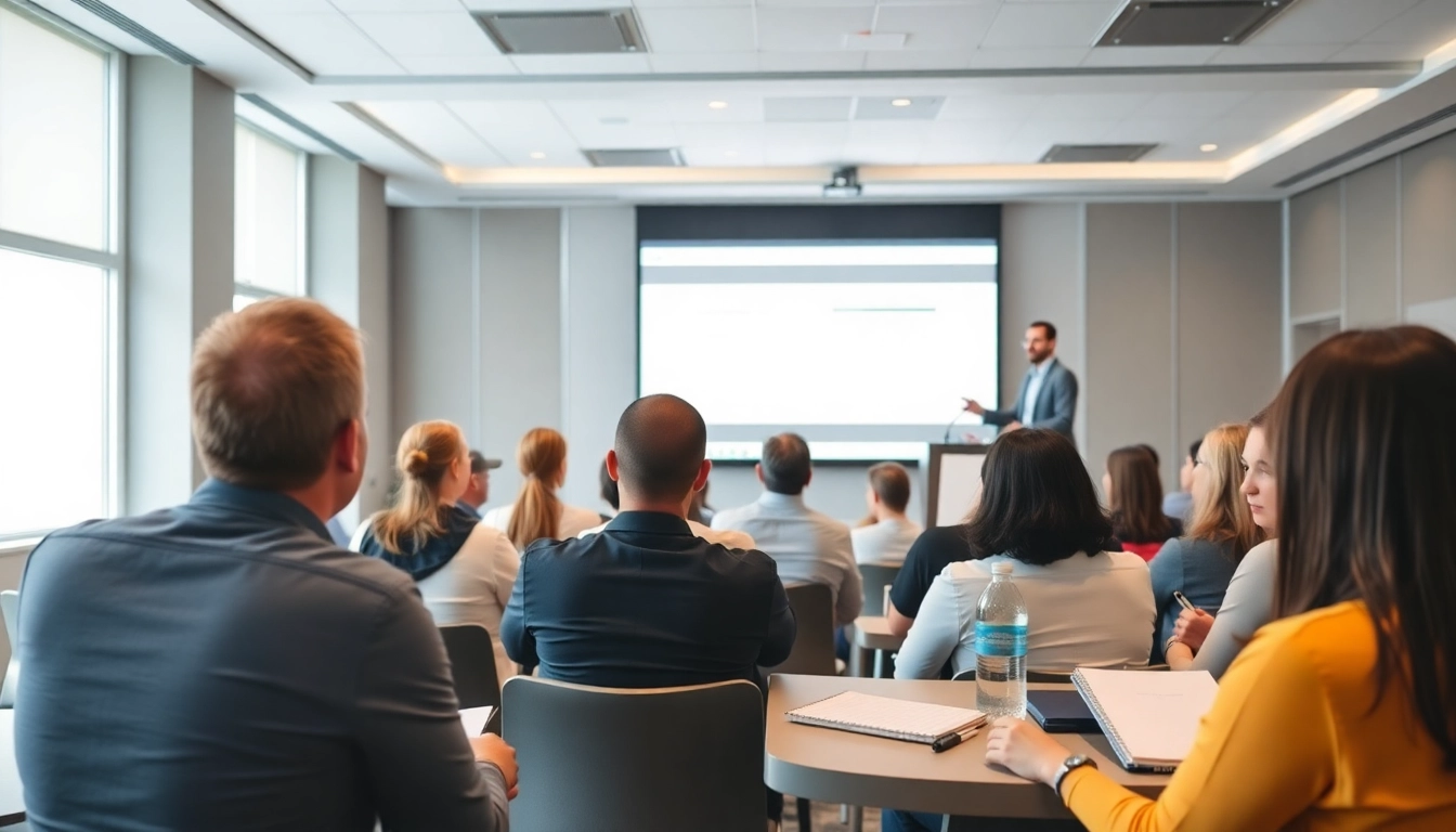 Engaging Presentation Skills Training session with a speaker and attentive audience.