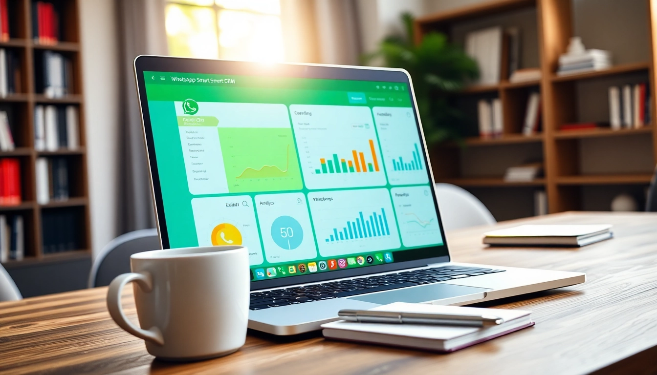 View of a professional WhatsApp Smart CRM interface on a modern laptop, highlighting analytics and productivity.