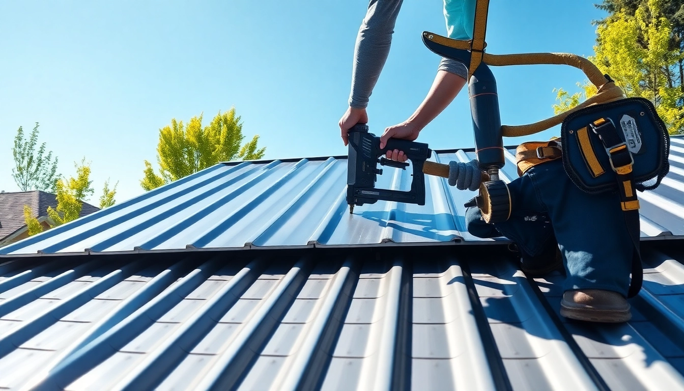 Install metal roofing calgary with skilled workers and modern homes in a sunny setting.