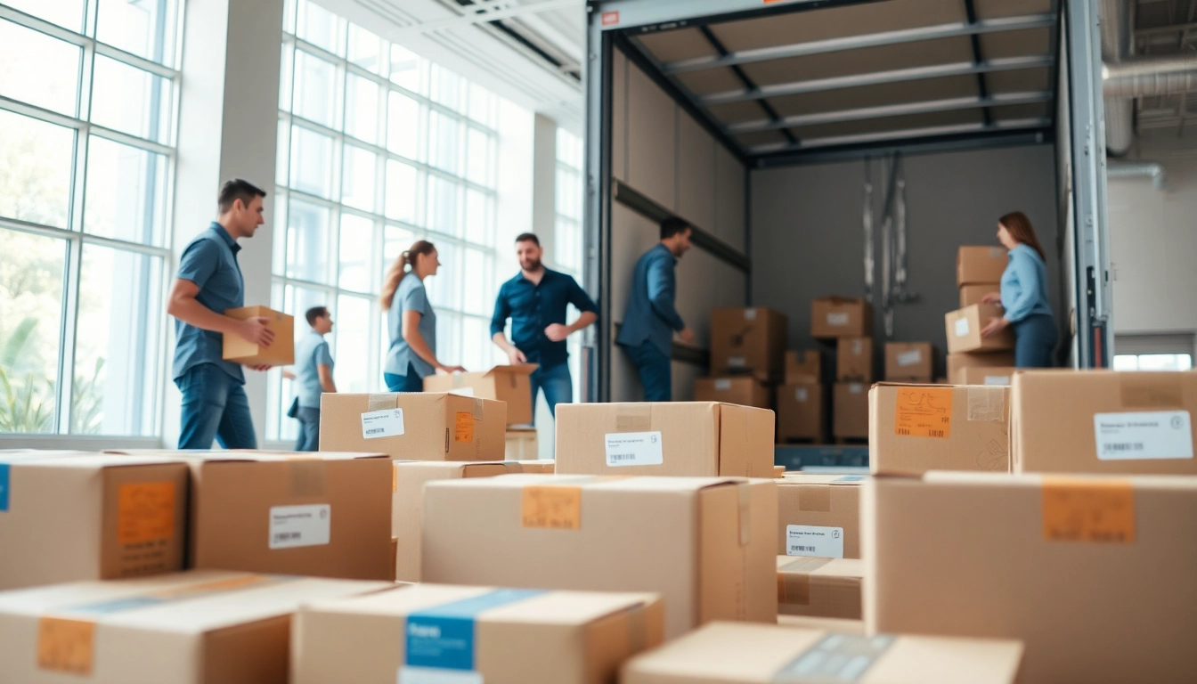 Moving Company team efficiently loading boxes into a truck in a modern office space.