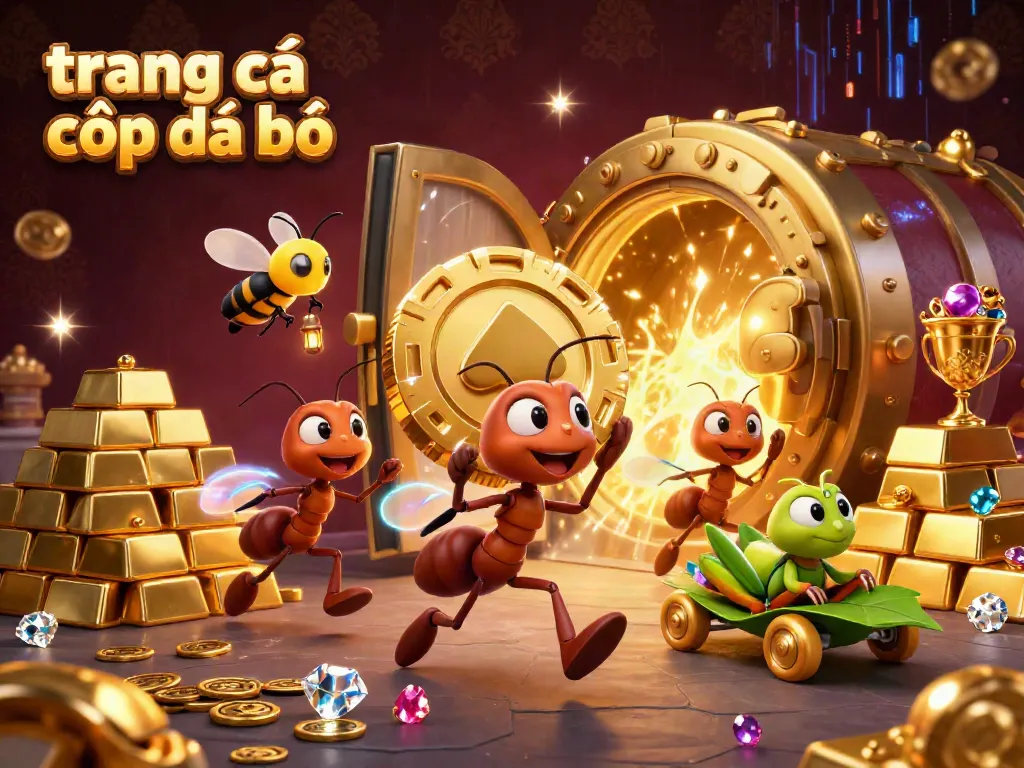 Trang cá cược đá bóng thu hút với đội kiến 3D đang chạy trốn cùng chip poker khổng lồ ánh sáng vàng.