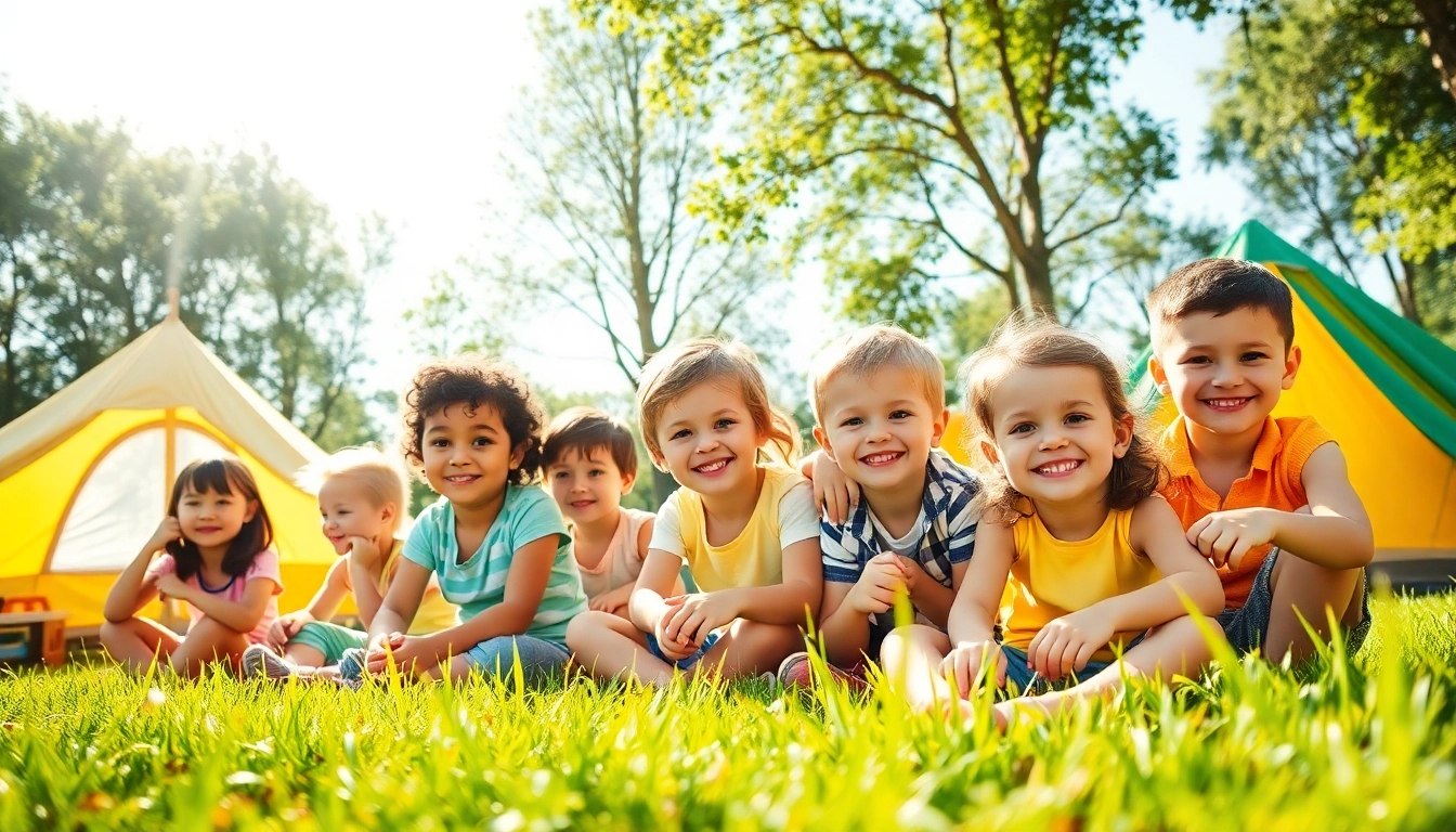 Children enjoying activities at summer childrens camp, engaged in fun, colorful outdoor adventures.
