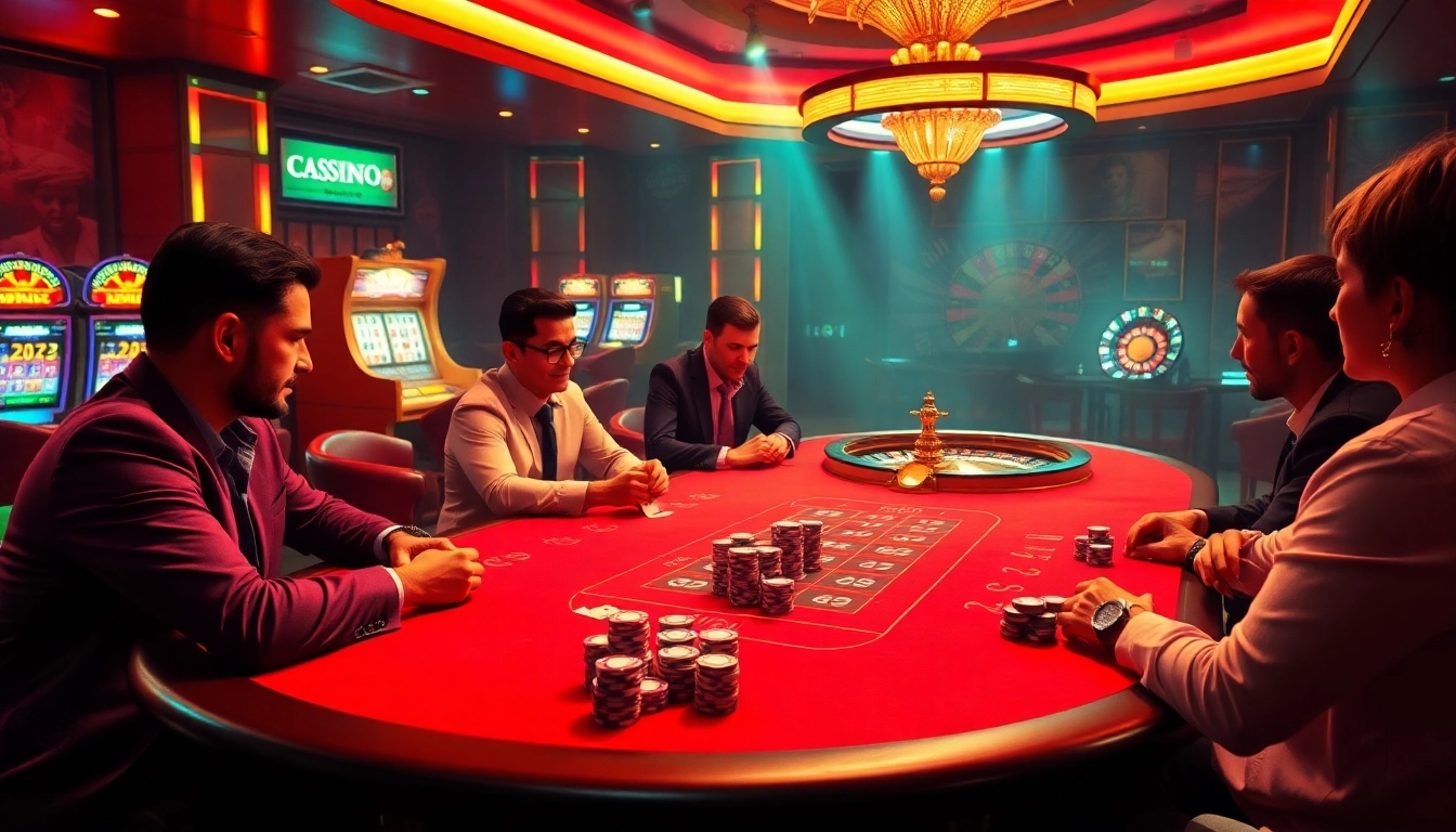 Des joueurs profitant d'une partie de poker passionnante dans un casino en ligne de luxe, avec des jetons et une roulette.