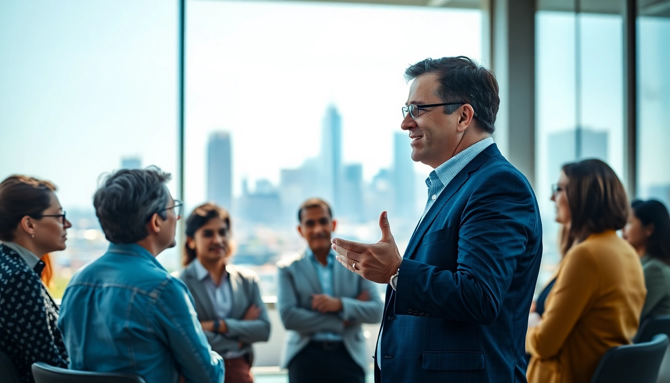 Engaging business coach los Angeles facilitating a workshop with diverse clients in an urban setting.