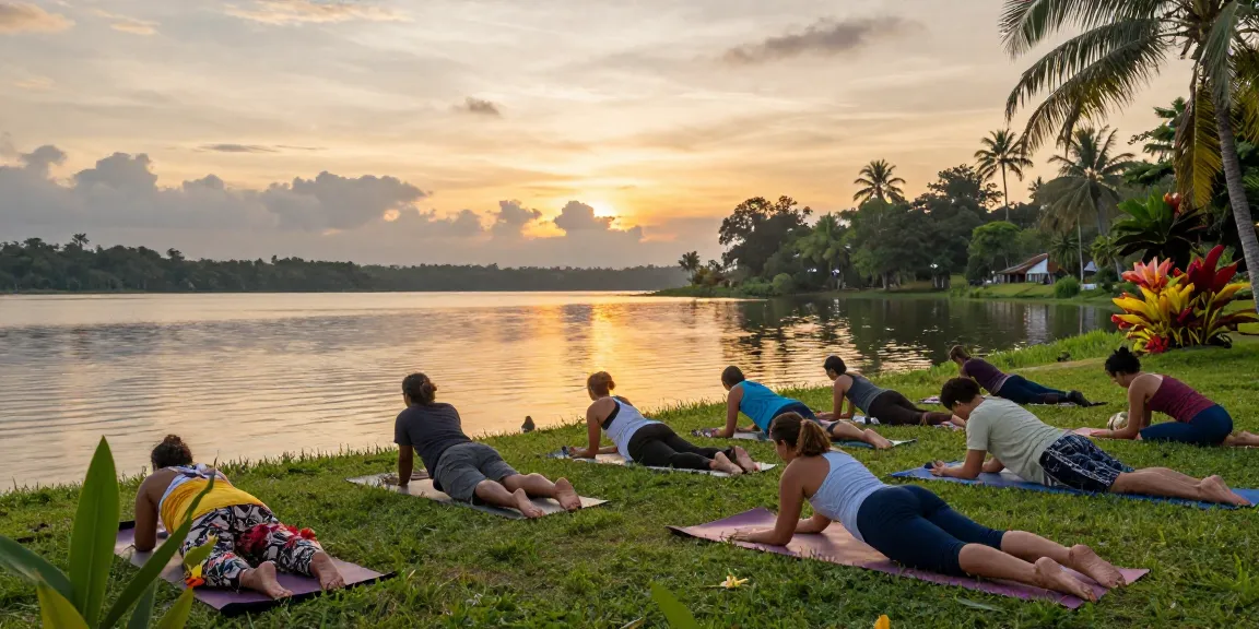 Yoga retreat Koggala morning session on the serene shores of Koggala Lake, practitioners in various poses surrounded by lush greenery.