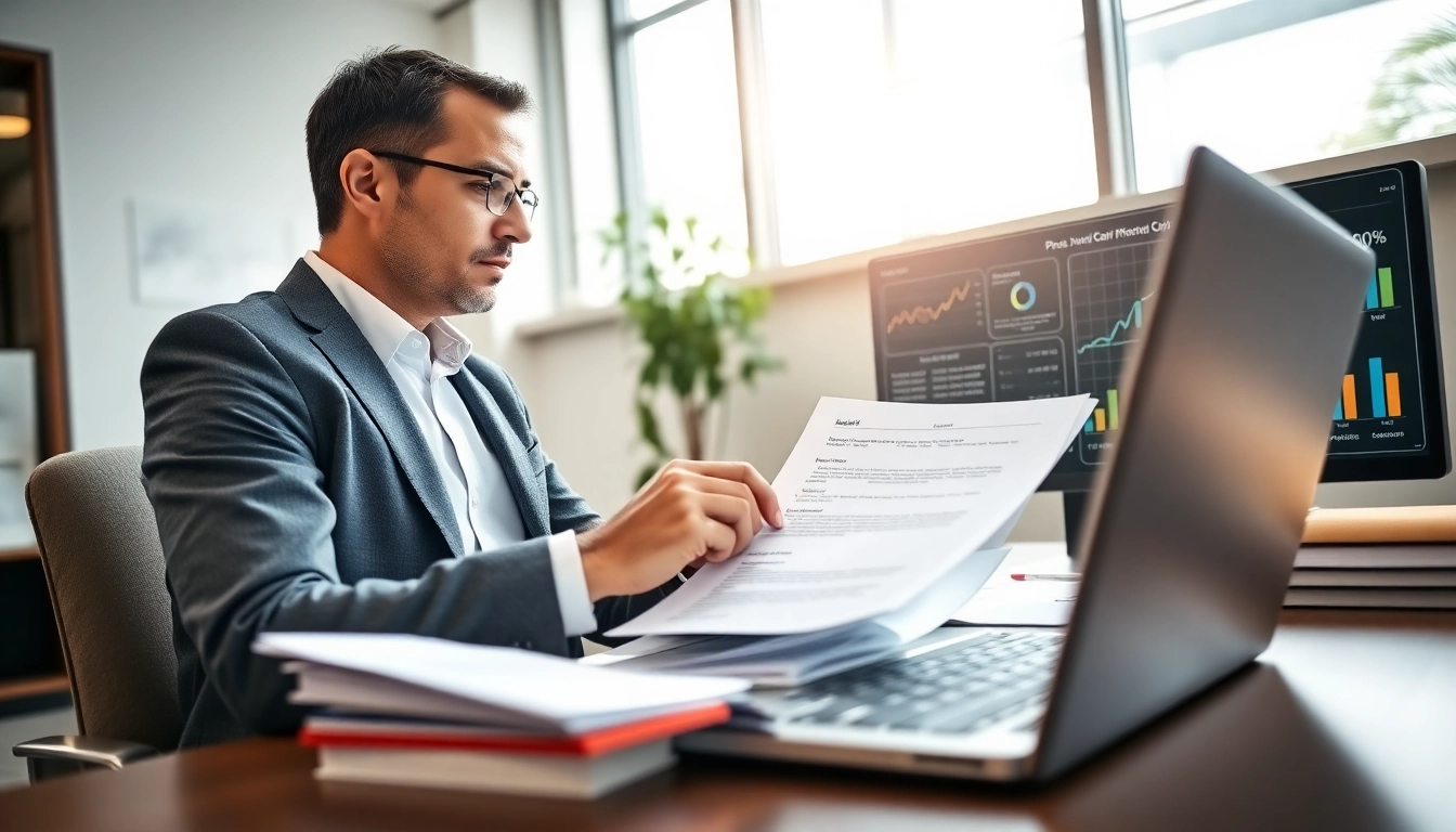 Consultant examining grants and pre-post award compliance documents in an office setting.