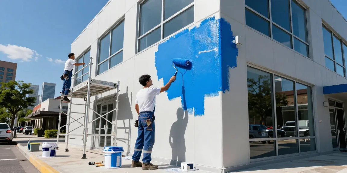 Commercial painters Franklin County OH applying blue paint on a large office building with urban skyline backdrop.