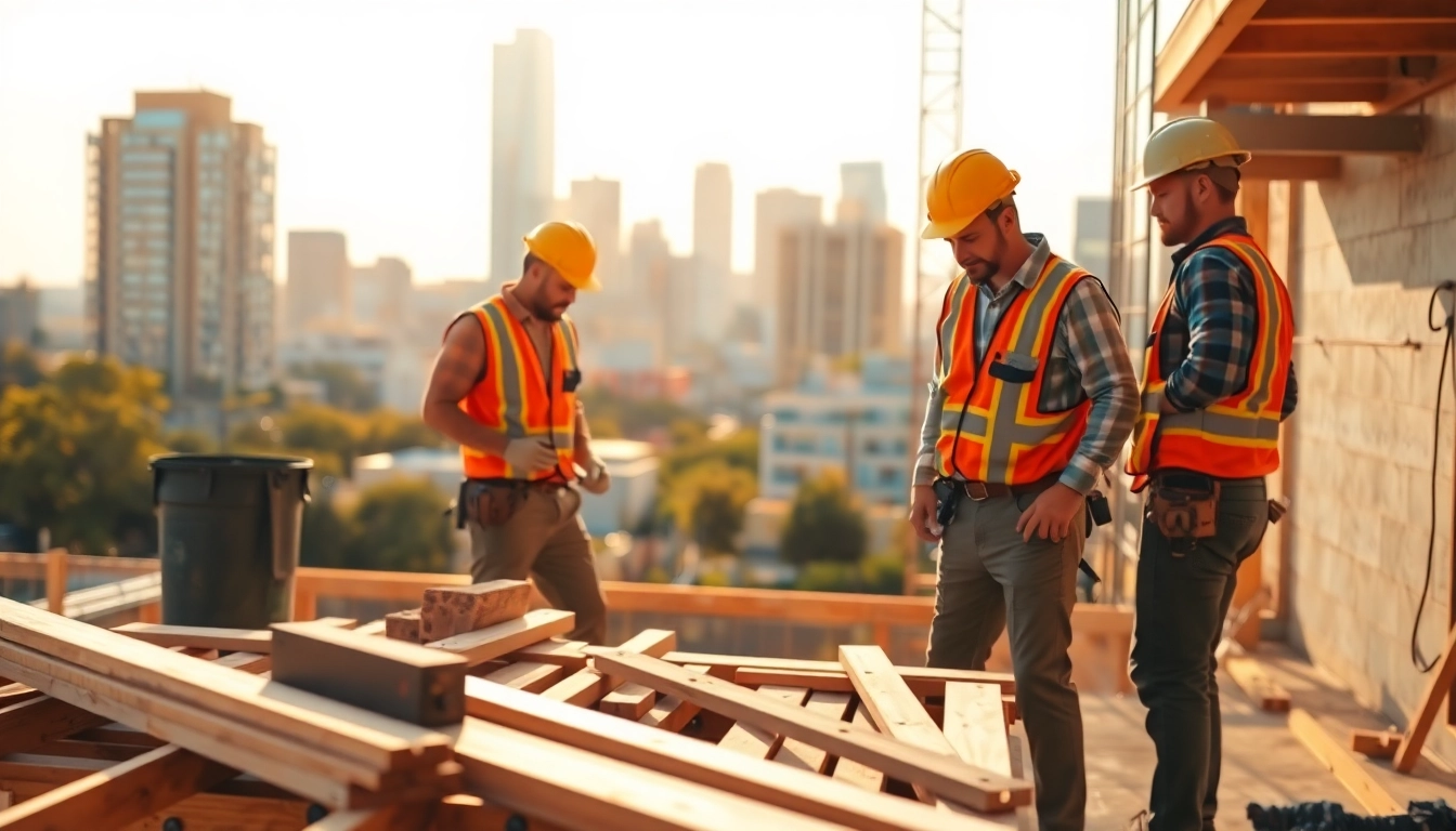 Austin construction team collaborating on a residential building, showcasing city skyline.
