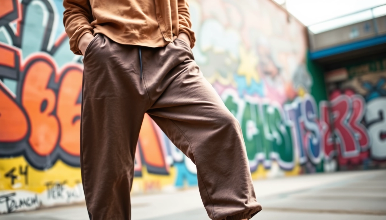 Model wearing oversized sweatpants against vibrant graffiti, showing casual street style.