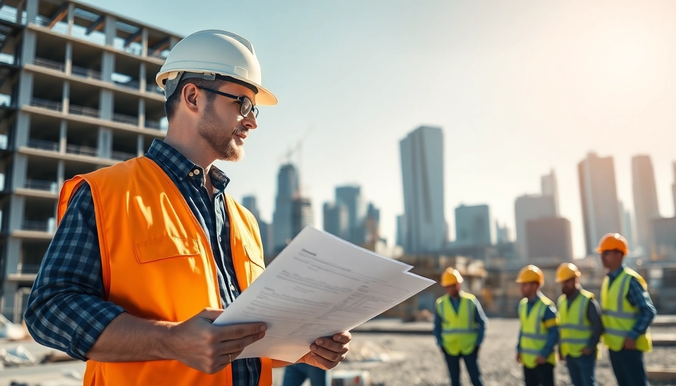 New York Commercial General Contractor supervising a bustling construction site with workers.