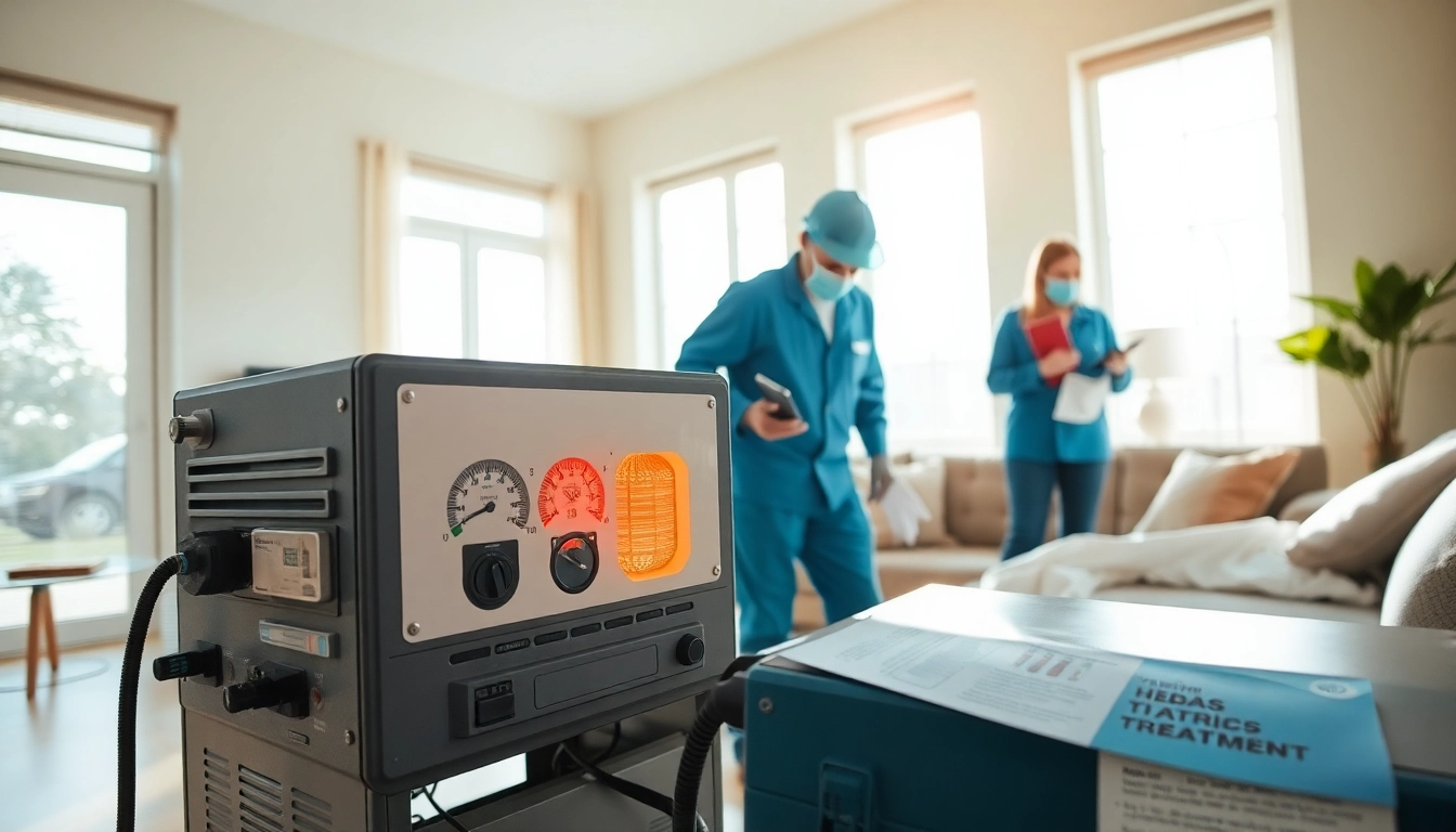 Implementing bed bug heat treatment in a professional setup, showcasing equipment and safety.