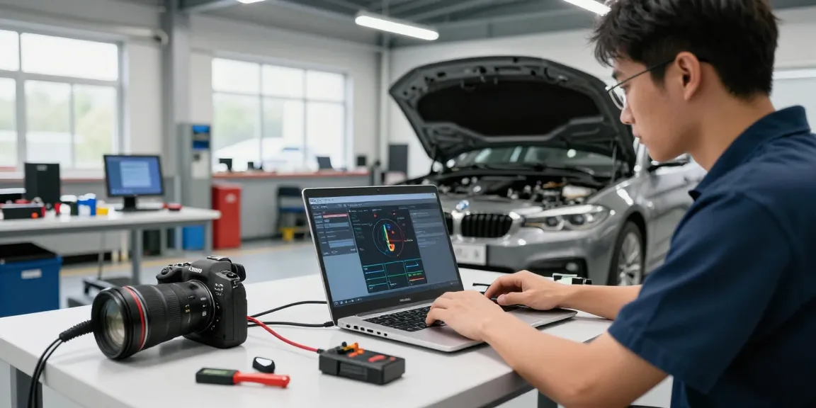 Chiptuning Hannover - BMW-Mechaniker optimiert Motorsteuergerät in modernem Werkstattumfeld