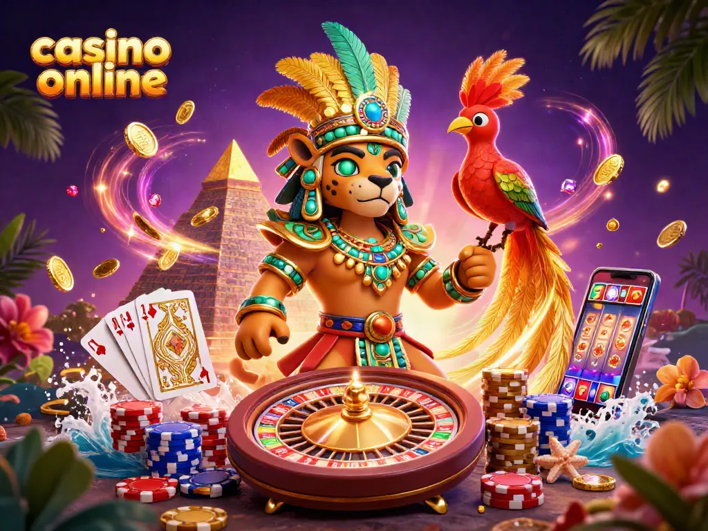Participa en el casino online con el oso jaguar y el quetzal en un vibrante espacio de juego.