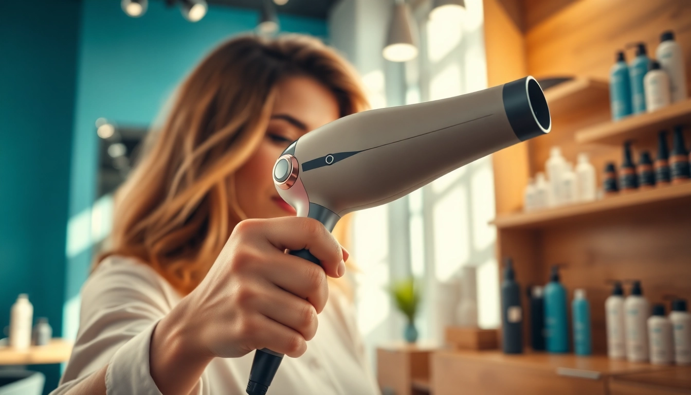 Stylist demonstrating the Ionic hair dryer for perfect hair styling.