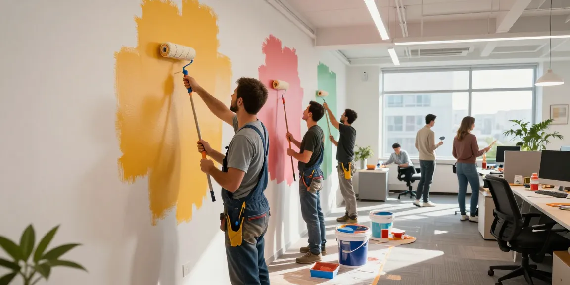Commercial painting Des Moines team revitalizing an office space with fresh colors and professional tools.