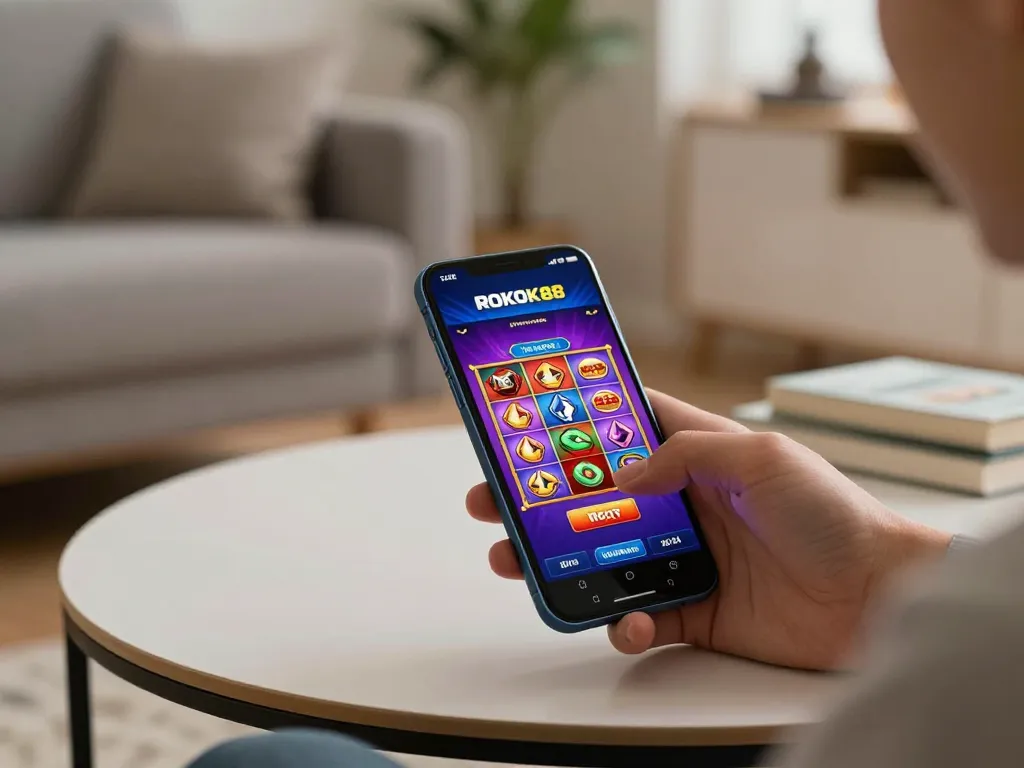 Player enjoying rokok88 slot games on a smartphone in a stylish living room setting