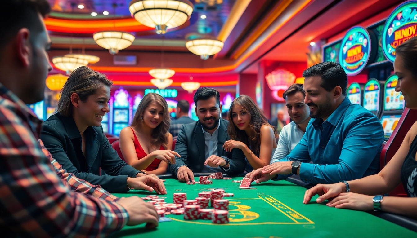 Erfreuen Sie sich an casino-spiele de mit aufregenden Interaktionen am Tisch und bunten Spielautomaten im Hintergrund.