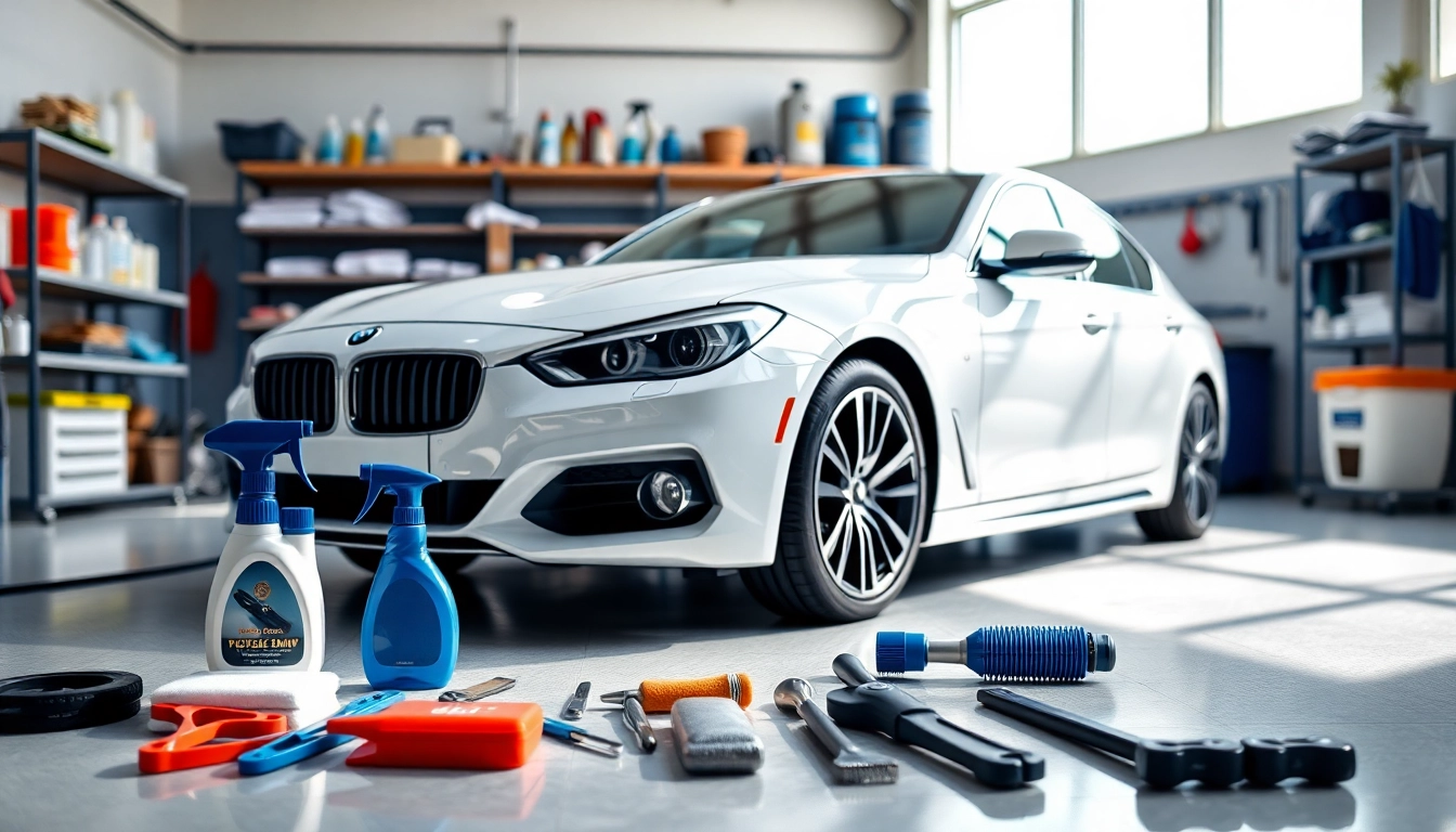 Expert car detailing Chattanooga with a pristine vehicle and professional tools in a bright garage.