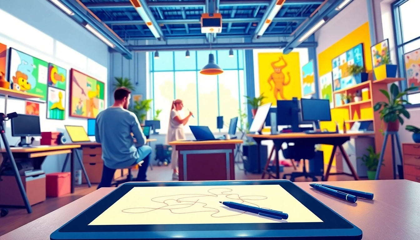 Animation Studio Berlin kreative Arbeitsumgebung mit Künstlern, die an Animationen arbeiten.