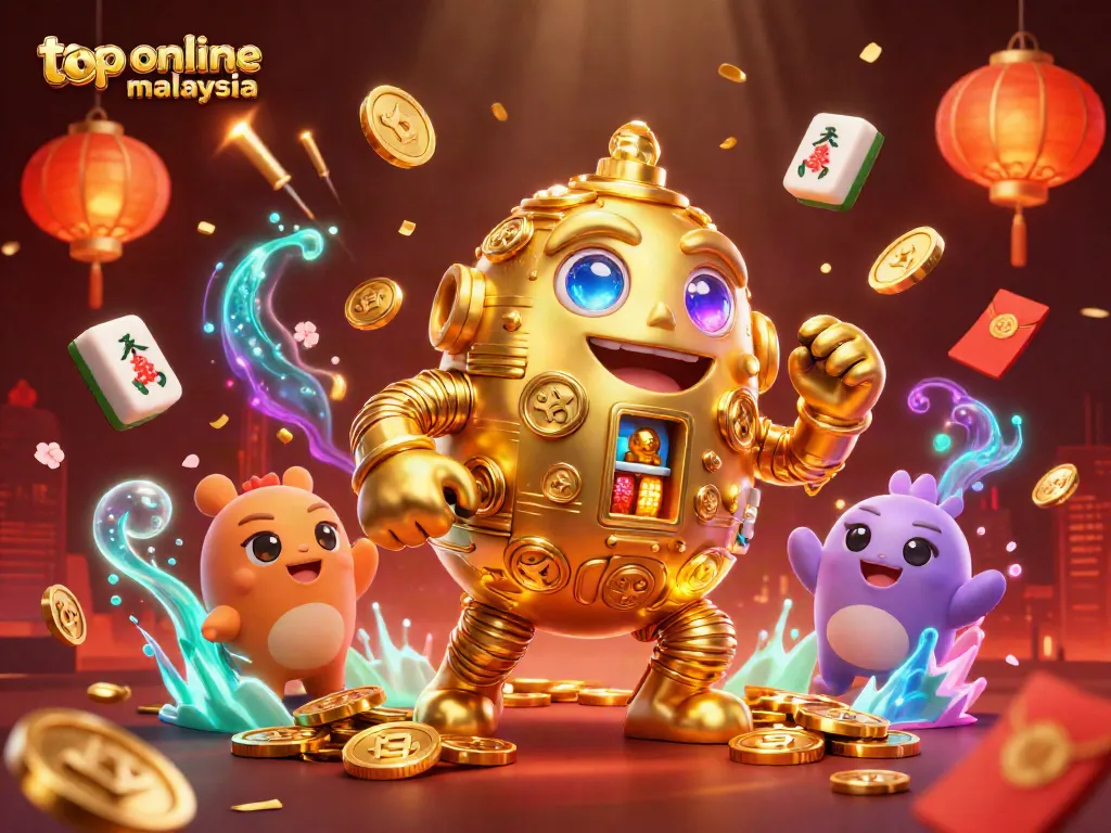 Engaging 3D scene of a golden golem and mahjong tiles symbolizing top online casino Malaysia excitement.