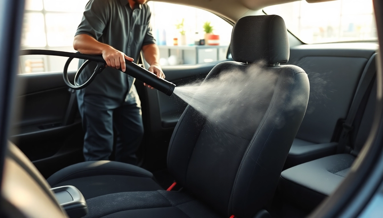Steam cleaning car interior in progress, showcasing effective cleaning techniques and equipment.